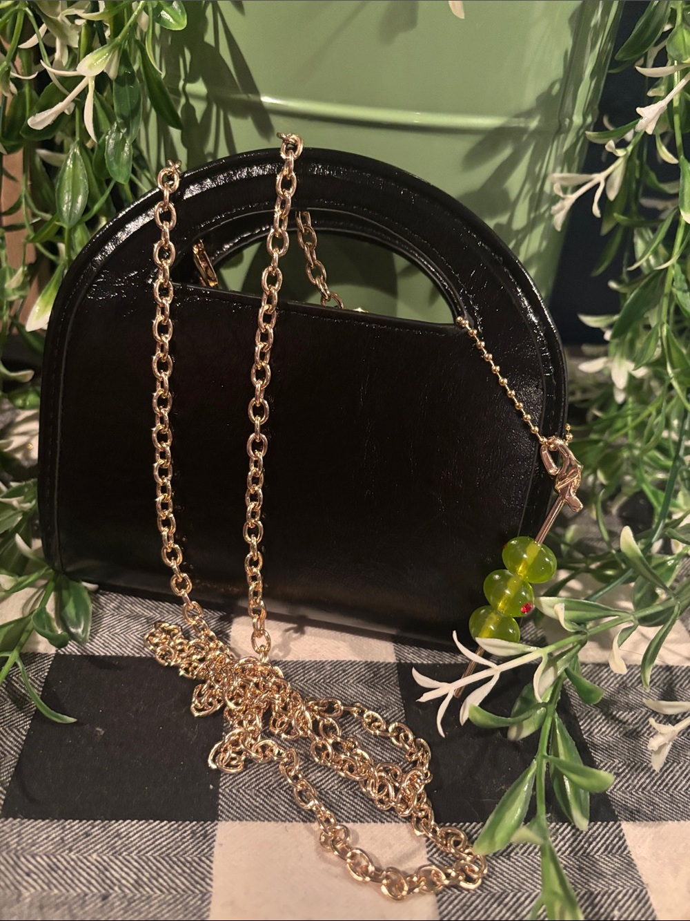 Black Mini Leather Arch Handle Clutch with Gold Chain and Green Beaded Charm - Picture 5 of 6